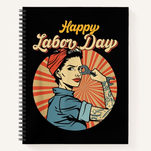 Happy Labor Day女の子の強い労働者運動を採用 ノートブック (正面)