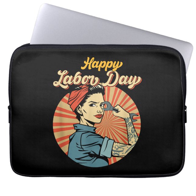 Happy Labor Day女の子の強い労働者運動を採用 ラップトップスリーブ (正面)