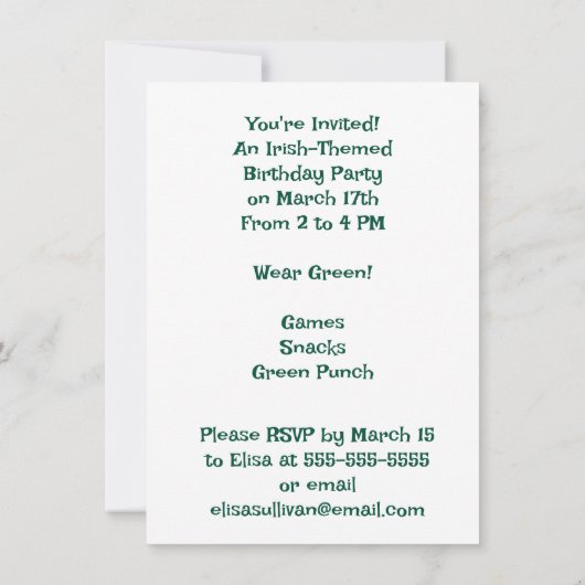 Happy Leprechaun Child's St. Patrick's Day 招待状 (裏面)