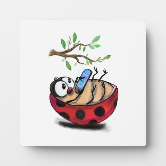 Happy Little Ladybug with Phone - Cartoonスケッチ フォトプラーク (正面)