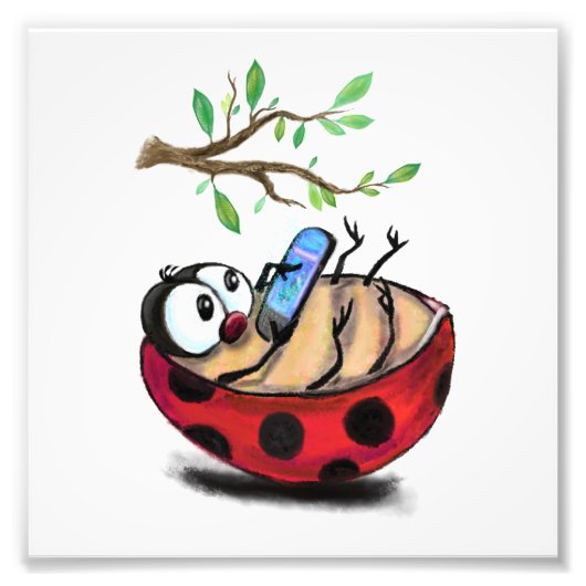 Happy Little Ladybug with Phone - Cartoonスケッチ フォトプリント (正面)