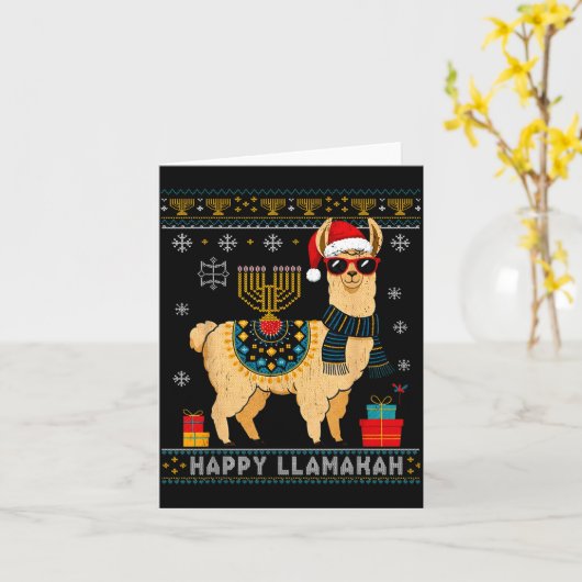 Happy Llamakah Funny Ugly Hanukkah Sweater Llama P カード (黄色い花)