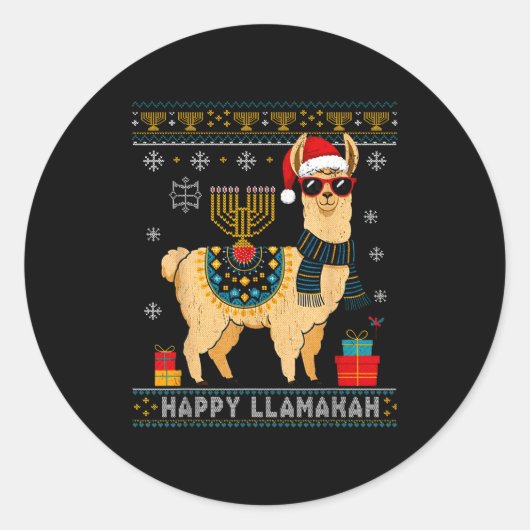 Happy Llamakah Funny Ugly Hanukkah Sweater Llama P ラウンドシール (正面)