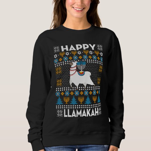 Happy Llamakah Llama Hanukkah Ugly Sweater スウェットシャツ (正面)