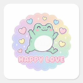 Happy Love Frog Sticker Cute Jumping Frog Hearts K スクエアシール