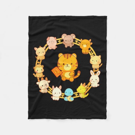 Happy Lunar New Year Animals 12 Chinese Zodiac Sig フリースブランケット (正面)