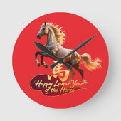 Happy Lunar New Year Majestic Golden Horse ラウンド壁時計 (正面)