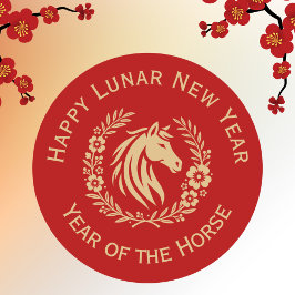 Happy Lunar New Year of the Horse Wreath Flowers ラウンドシール