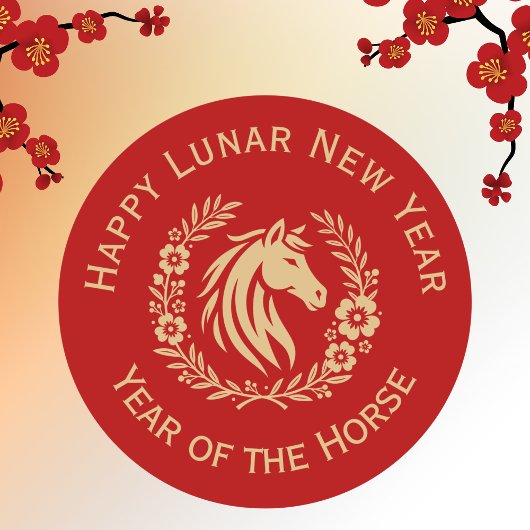 Happy Lunar New Year of the Horse Wreath Flowers ラウンドシール