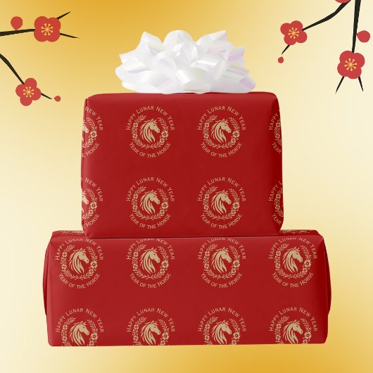 Happy Lunar New Year of the Horse Wreath Flowers ラッピングペーパー
