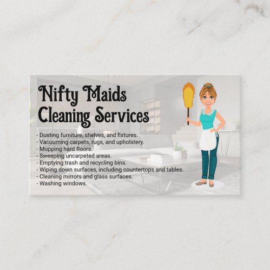 Happy Maid with Feather Duster | Clean Living Room 名刺 (正面)