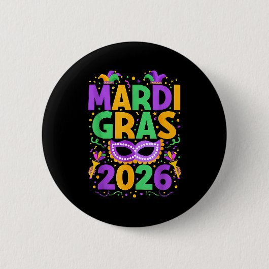 Happy Mardi Gras 2026 Costume New Orleans Matching 缶バッジ (正面)