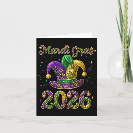 Happy Mardi Gras 2026 Jester Hat New Orleans Men W カード (正面)