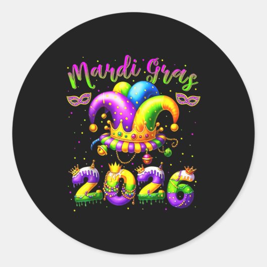 Happy Mardi Gras 2026 Jester Hat New Orleans Men W ラウンドシール (正面)