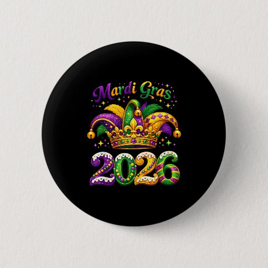 Happy Mardi Gras 2026 Jester Hat New Orleans Men W 缶バッジ (正面)