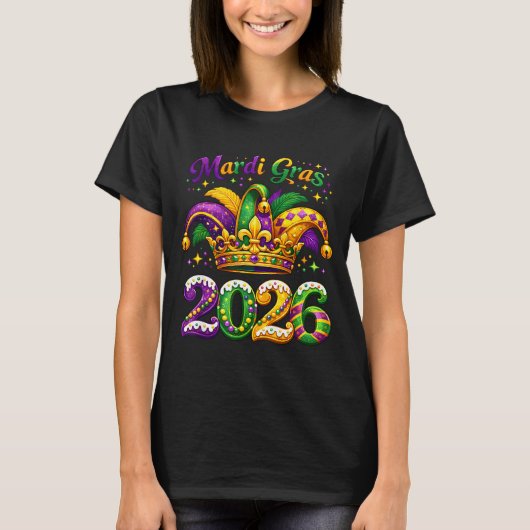 Happy Mardi Gras 2026 Jester Hat New Orleans Men W Tシャツ (正面)