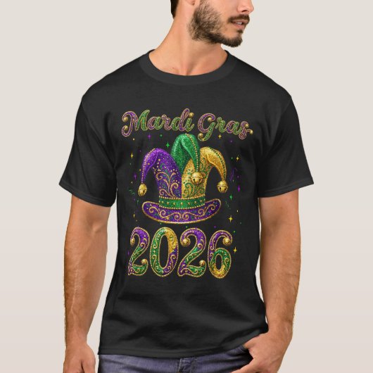 Happy Mardi Gras 2026 Jester Hat New Orleans Men W Tシャツ (正面)