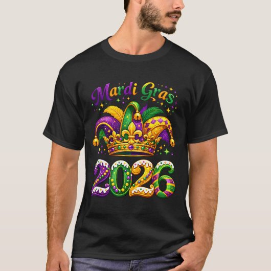 Happy Mardi Gras 2026 Jester Hat New Orleans Men W Tシャツ (正面)