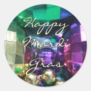 Happy Mardi Gras Beadsステッカーを投げカスタマイズる ラウンドシール