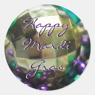 Happy Mardi Gras Beadsステッカーを投げカスタマイズる ラウンドシール