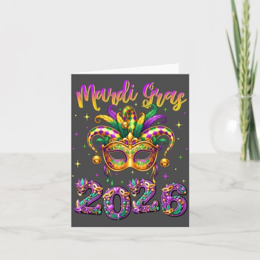 Happy Mardi Gras Carnival 2026 Jester Hat Men Wome カード (正面)