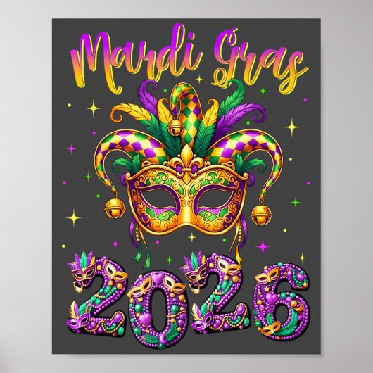 Happy Mardi Gras Carnival 2026 Jester Hat Men Wome ポスター (正面)