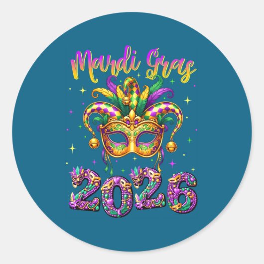 Happy Mardi Gras Carnival 2026 Jester Hat Men Wome ラウンドシール (正面)