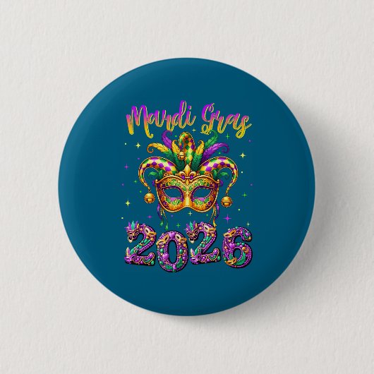 Happy Mardi Gras Carnival 2026 Jester Hat Men Wome 缶バッジ (正面)