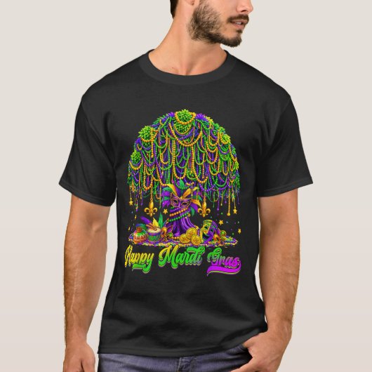 Happy Mardi Gras Tree Beads Mask Carnival New Orle Tシャツ (正面)