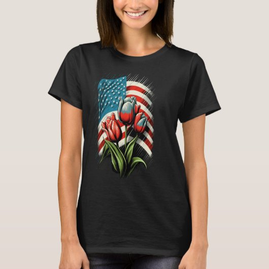 Happy Memorial Day Tulips Flower American Flag 4th Tシャツ (正面)