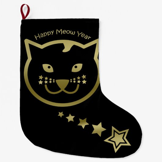 Happy Meow Year – 背景カスタム色 ラージクリスマスストッキング (正面)