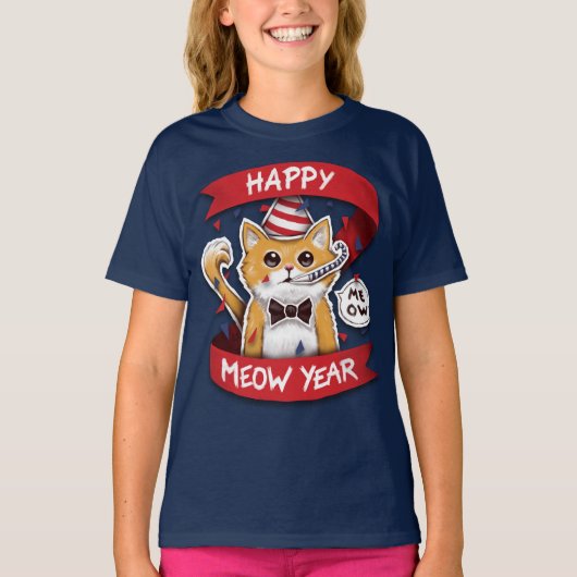  Happy Meow Year - Bonne Année Jeu de Mots T-shirt Tシャツ (正面)