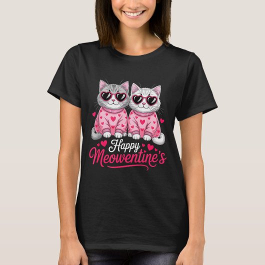 Happy Meowentine’s Cute Romantic Cats Couple Valen Tシャツ (正面)