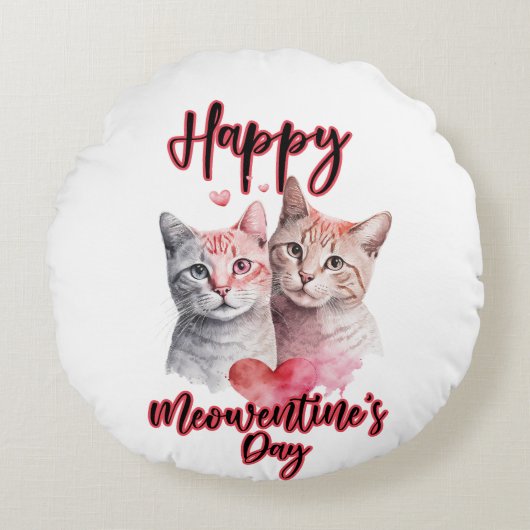 Happy Meowentine's Day猫カップルのバレンタイン ラウンドクッション (正面)