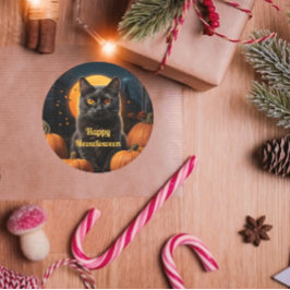 Happy Meowloween Cat Pumpkinステッカー ラウンドシール