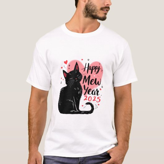Happy Mew Year 2025年おもしろい猫の新年 Tシャツ (正面)