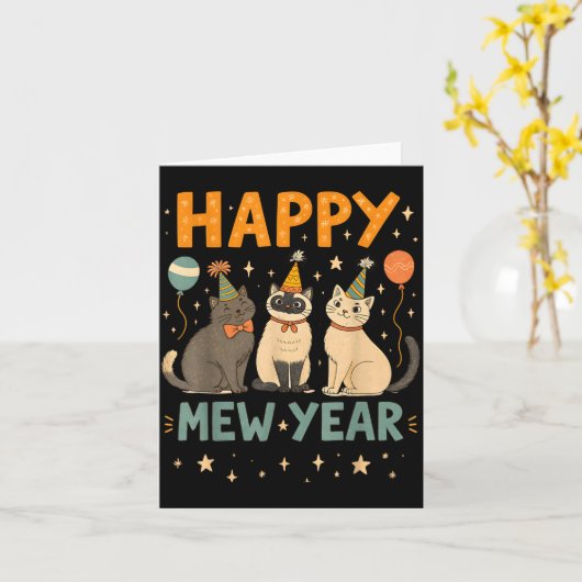 Happy Mew Year Cat Party  カード (黄色い花)