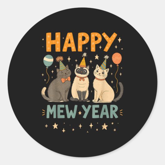 Happy Mew Year Cat Party ラウンドシール (正面)