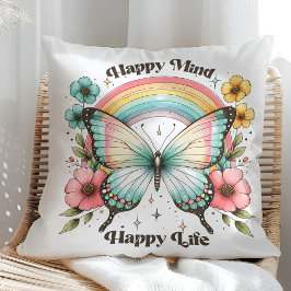 "Happy Mind Happy Life" パステルバタフライ レインボー クッション