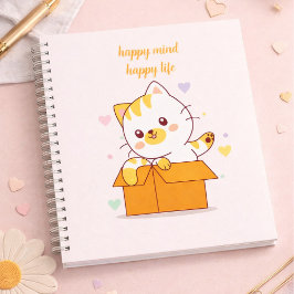 Happy Mind Happy Life Cute Cat Illustration ノートブック