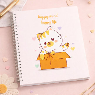 Happy Mind Happy Life Cute Cat Illustration ノートブック