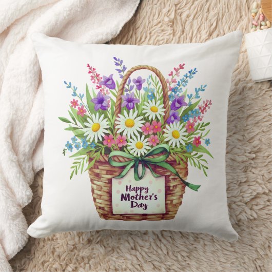 Happy Mother’s Day Floral Basket Throw Pillow  クッション (ブランケット)
