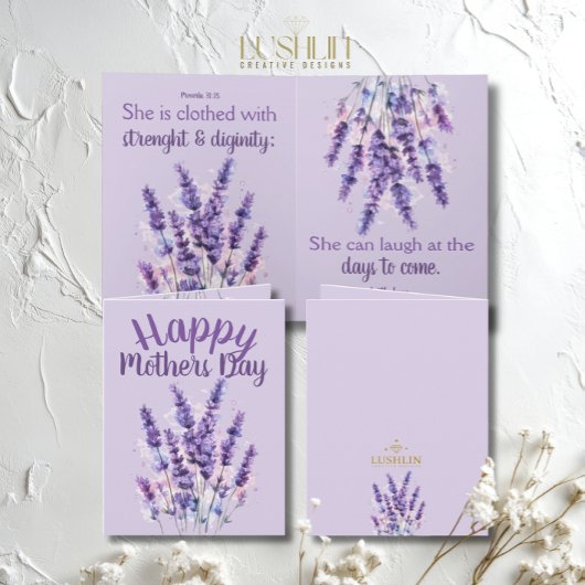Happy Mother’s Day Proverbs 31:25 purple lavender カード