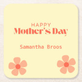 Happy Mother's dayピーチフラワーピンク スクエアペーパーコースター (正面)