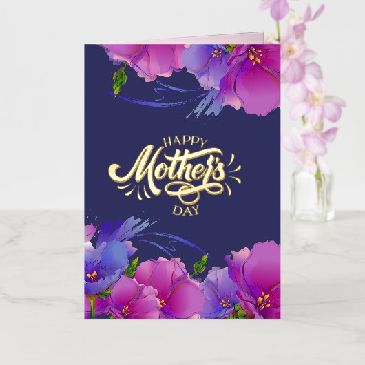 Happy Mother's Day水彩ピンク紫の花 箔グリーティングカード (蘭)