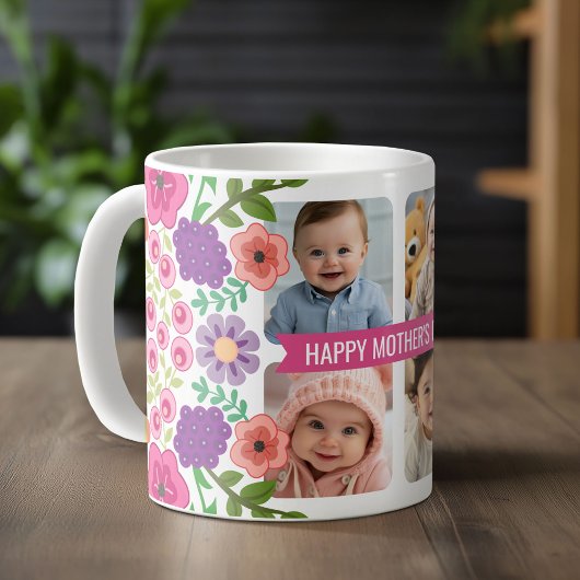 Happy Mother's Day カスタム4フォトコラージュ花 コーヒーマグカップ