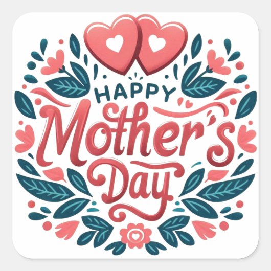 Happy Mother's Day - ボタニカルハートと手書き風文字 スクエアシール (正面)