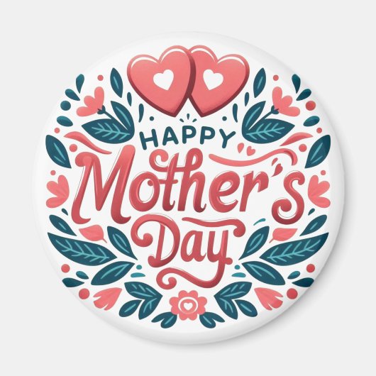 Happy Mother's Day - ボタニカルハートと手書き風文字  マグネット (正面)