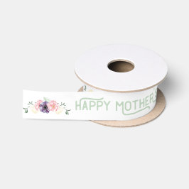 Happy Mothers Day - 白背景の花輪 サテンリボン