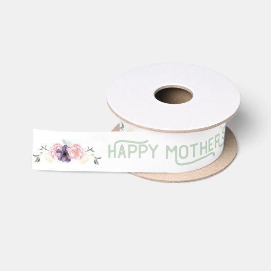 Happy Mothers Day - 白背景の花輪 サテンリボン (リール)